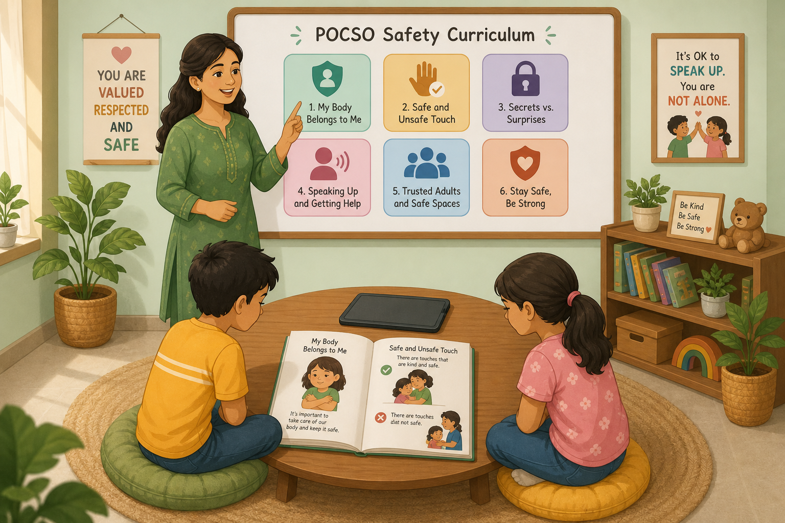 Boy and girl learning safety curriculum with a caring teacher